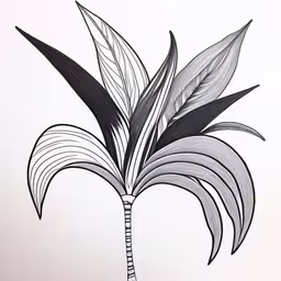 a flower with leaves in the middle of a white wall,black and white image of plants with very thin leaves
