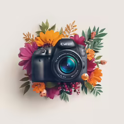 a digital camera surrounded by flowers, leaves and twigs