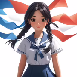 a girl with long hair is wearing a sailor outfit and holding a flag