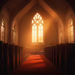 a dark church with rows of pews in the sun