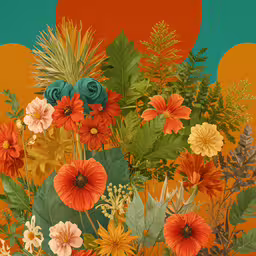 a painting with some flowers in it and some leaves,painting of flowers and leaves in front of an orange background