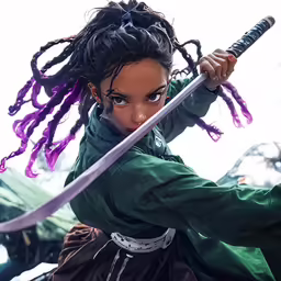 a woman with dreadlocks is holding a large purple sword