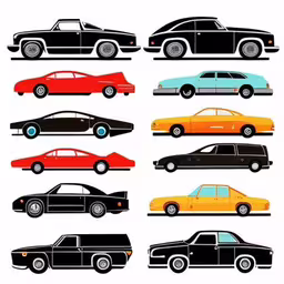 various types of cars in a line,the various color versions of different cars