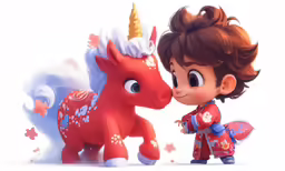 a kid is standing near a red pony