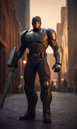 a man dressed in a futuristic suit and gun poses