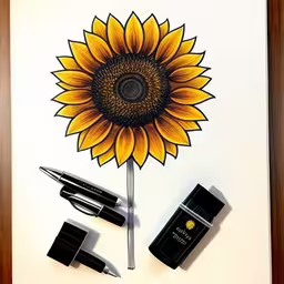 a drawing of a sunflower with markers and pencils by the end