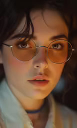 the woman with glasses looks like she is looking at something