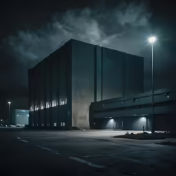 the dark exterior of an empty parking lot and street lights