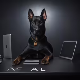 a dog sitting on top of a black desk