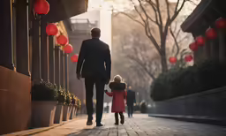 a man and girl walk down the sidewalk carrying lanterns