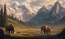two large brown cows standing on top of a grass covered field