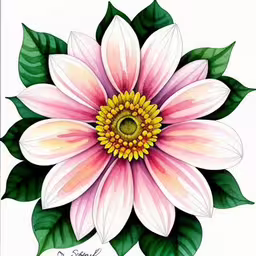 flower is drawn on the white paper with green leaves,a flower with green leaves around it,a pink and white flower with green leaves on it,this is a watercolor painting of a flower with leaves,a pink flower with green leaves on the side