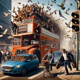 people crossing a busy street next to a double decker bus