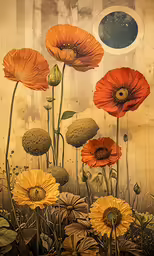the painting is of flowers with a small disk behind them