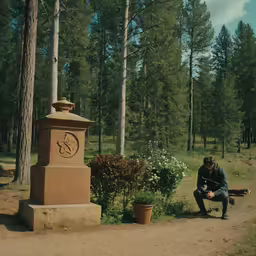 a man sits next to a sign near some trees