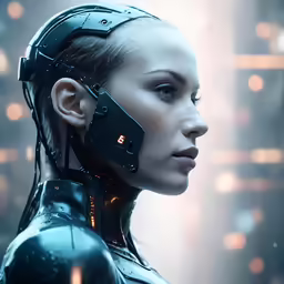the head and shoulders of a humanoid female in a futuristic setting