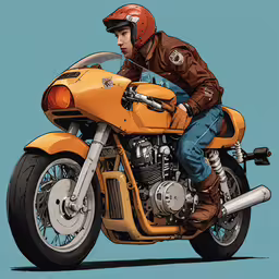 man in an orange motor cycle riding in a drawing style,a drawing of a man on a motorcycle wearing a helmet