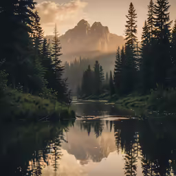 a lake is surrounded by evergreen trees and the sun reflecting in the water