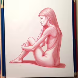 the drawing shows the woman in red crouching, while her left leg is spread wide,a drawing with colored pencils on the bottom and top