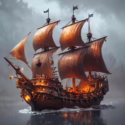 a very old fashioned pirate ship with sails, and torches