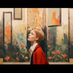 a close up of a person in front of an art work