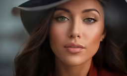 a girl wearing a hat looks off to her right