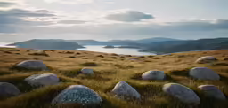 there is a field with rocks in the grass