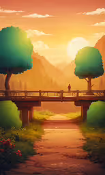 a person stands on a bridge over a river,a bridge with the sunset behind it