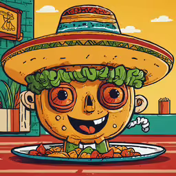 a cartoon picture of a mexican man eating food on a plate,a plate of food that looks like a face