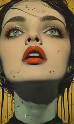 a painting of a woman with frecky makeup and red lipstick