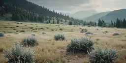 a grassy area with bushes and mountains in the background