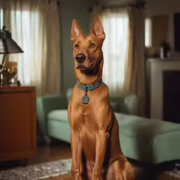 a dog sitting on top of a wooden floor next to a couch