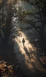 the man is running down the path through the forest