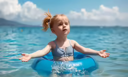 a child on a pool in the middle of a body of water