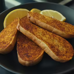 there are a bunch of toasts and lemon slices on the plate