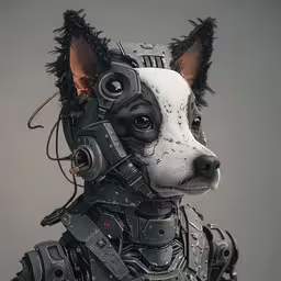 the dog in steam punk gear is ready to be dressed up,a dog that has many mechanical parts on it