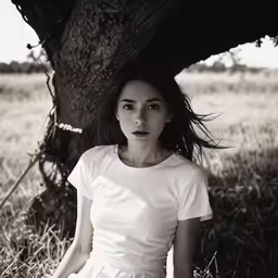 a young woman poses underneath a tree in the sun