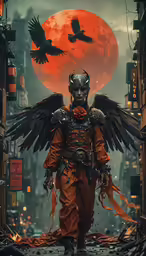 a man walking down a street in front of a giant red moon