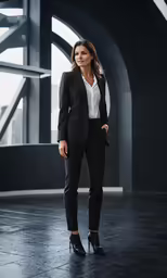 woman standing in black suit posing for photo
