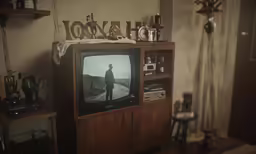 the tv is sitting in a wood display unit
