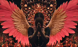 a beautiful woman wearing a black dress and large wings
