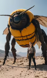 a person standing in front of a big bee
