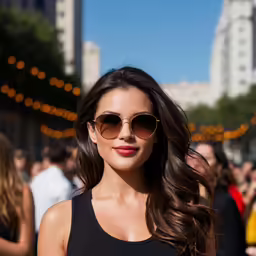 a woman with sunglasses on stands in a crowded square
