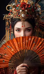 a woman is dressed in traditional chinese clothing and holding an orange fan