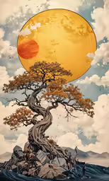 a tree that has an image of a full moon and branches on it