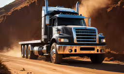 a semi truck that is driving down a dirt road,a big truck drives down a dirt road