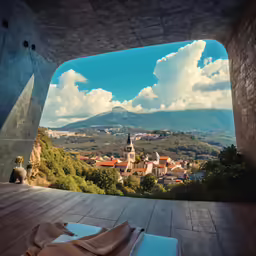 the view out of an opening in a building