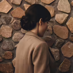 a woman standing in front of some stone