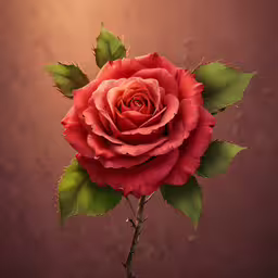 a single red rose with green leaves on the stem,a red rose with green leaves in a glass vase