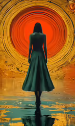 a woman standing in water looking towards a strange circular pattern